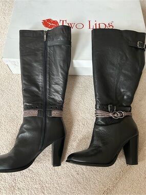 Two Lips Black Leather Mid-Calf Heeled Boots with Braided Strap
